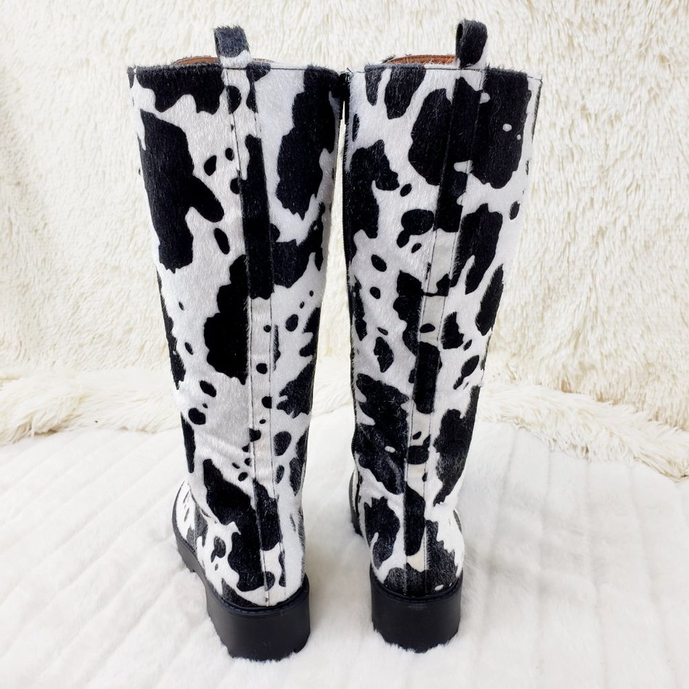 Savage Cow Combat Lace Up Knee Boots Faux Cow Print Brand New - Picture 9 of 17
